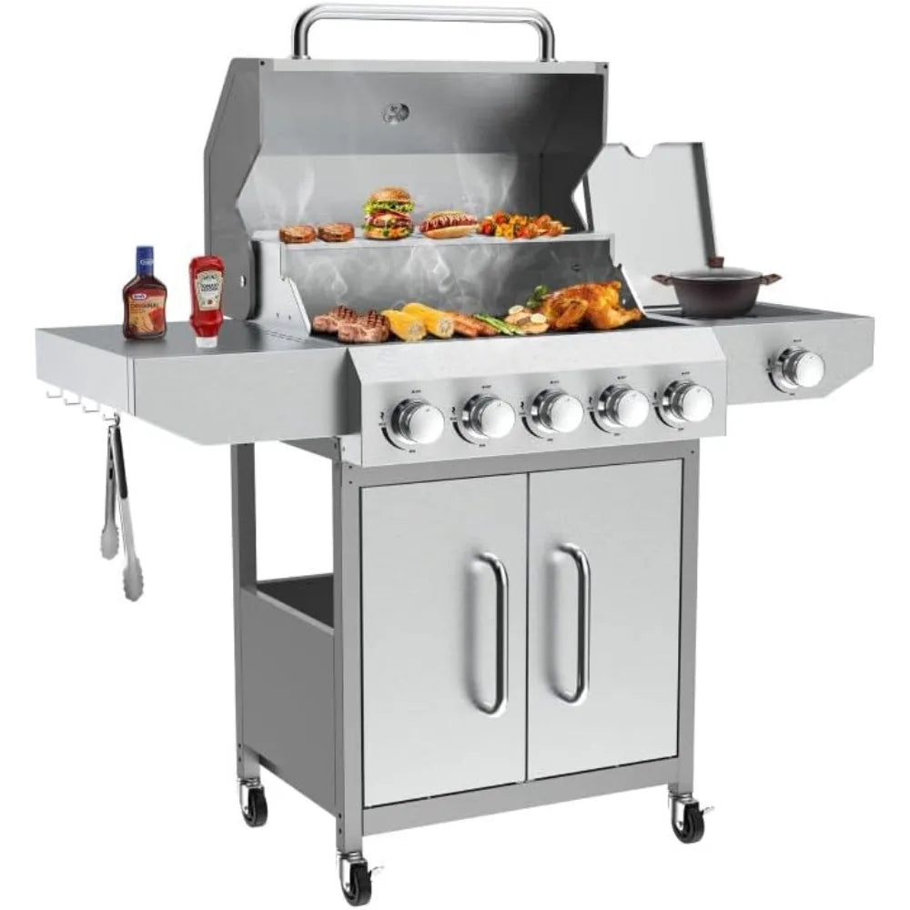 Llamaviva Propane Gas Grill – 5 Burners with Side Burner or 6 Burners, Stainless Steel BBQ Grill