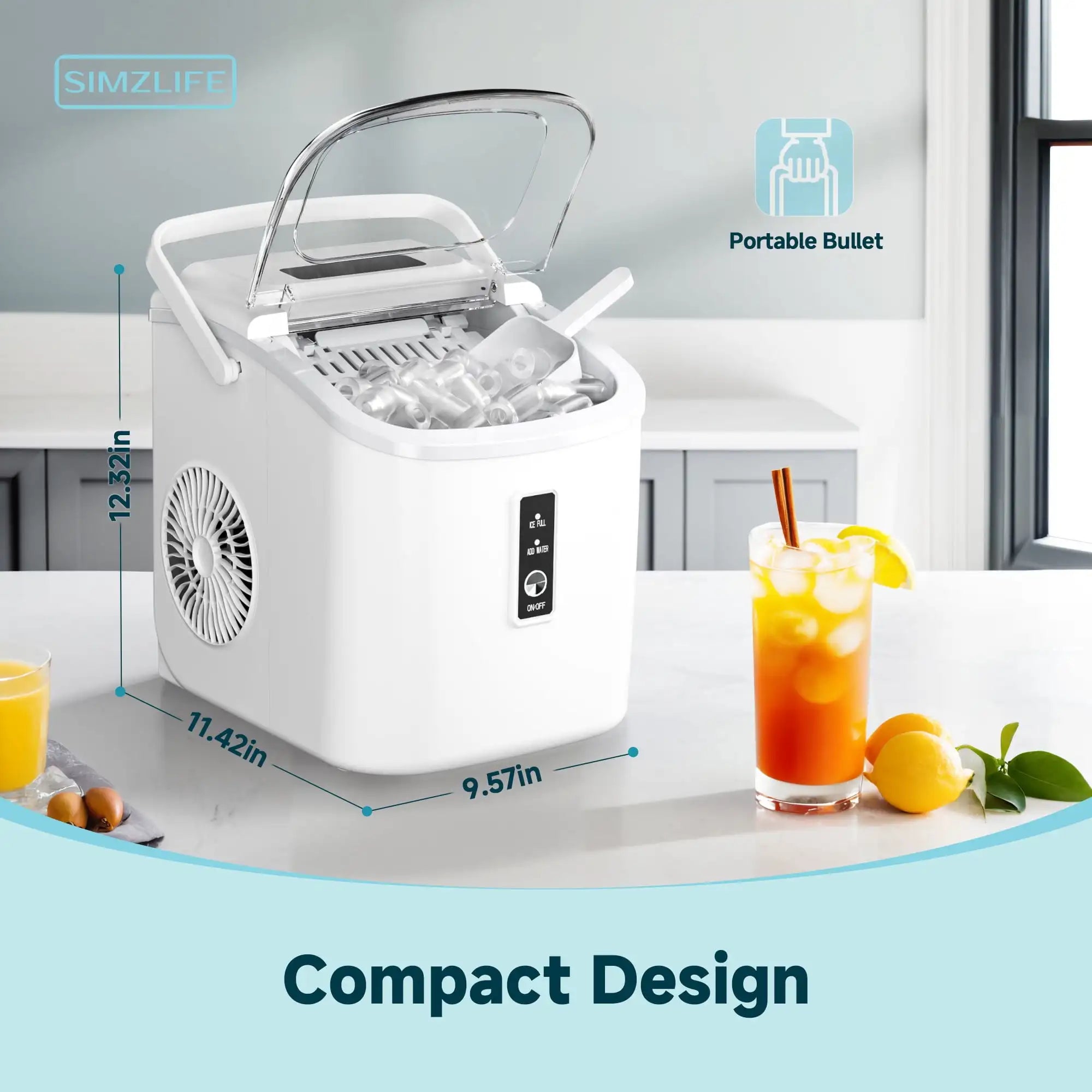 Simzlife Countertop Ice Maker with Handle – Portable Ice Machine with Basket & Scoop