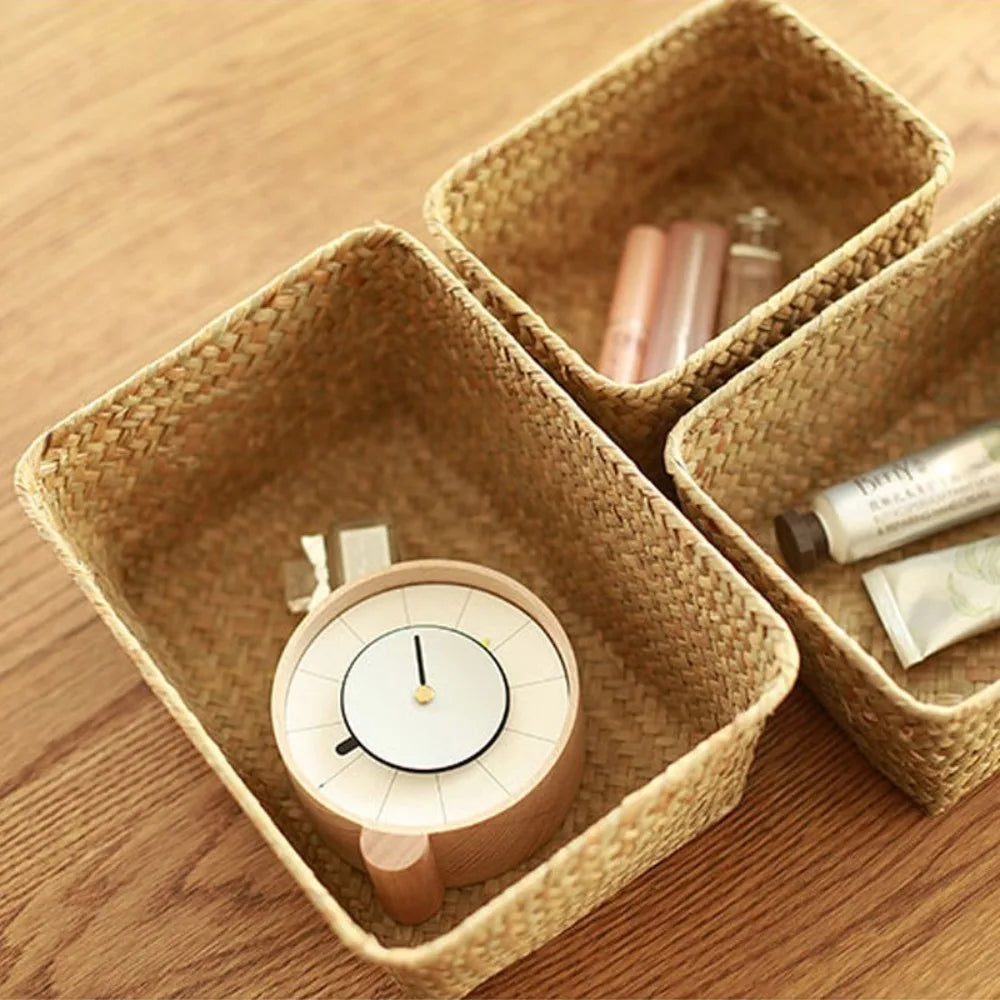 Natural Woven Seagrass Basket – Straw Rattan Organizer for Fruit, Picnic & Home Storage