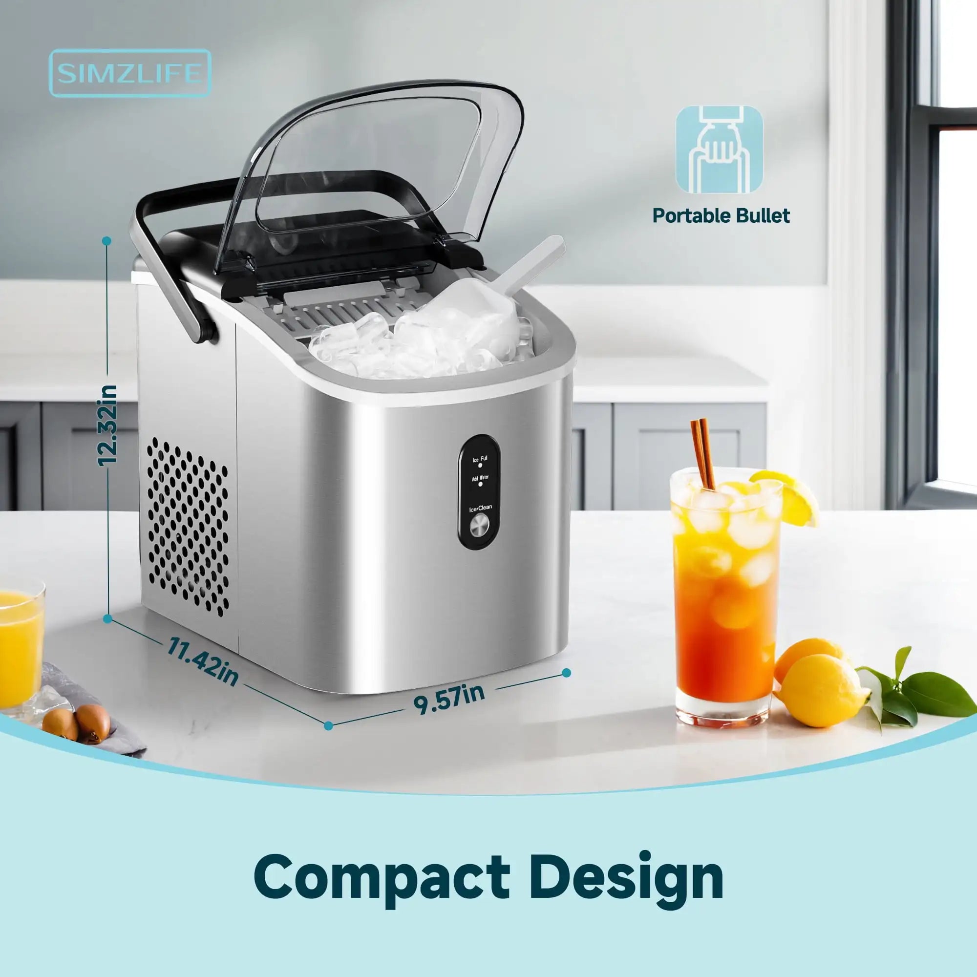 Simzlife Countertop Ice Maker with Handle – Portable Ice Machine with Basket & Scoop