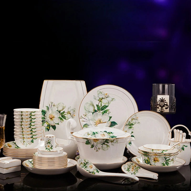 Fine Floral China Dinnerware Set – Porcelain Plates & Bowls, 28/60 Pcs Full Set