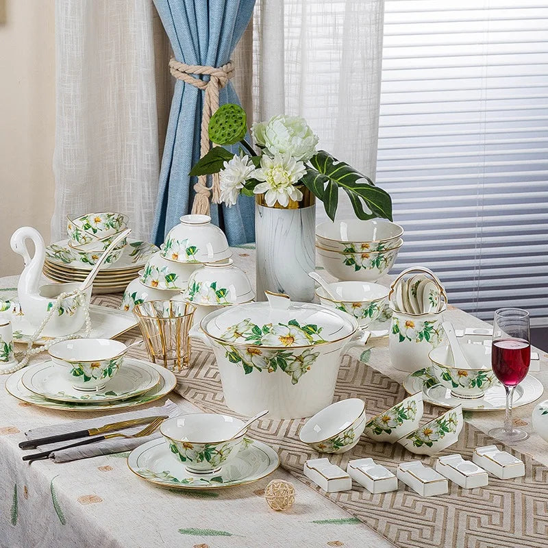 Fine Floral China Dinnerware Set – Porcelain Plates & Bowls, 28/60 Pcs Full Set