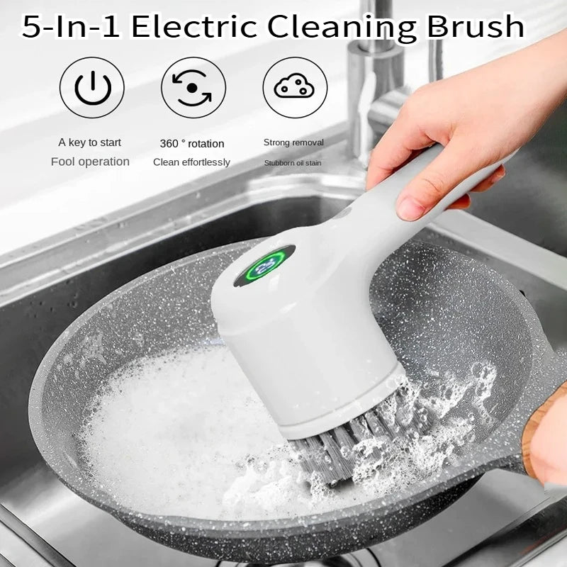 Electric Handheld Rotating Cleaning Brush – 5 Replaceable Heads for Kitchen, Shoes & Gaps