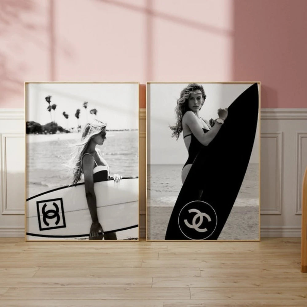 Black & White Surfboard Wall Art Poster