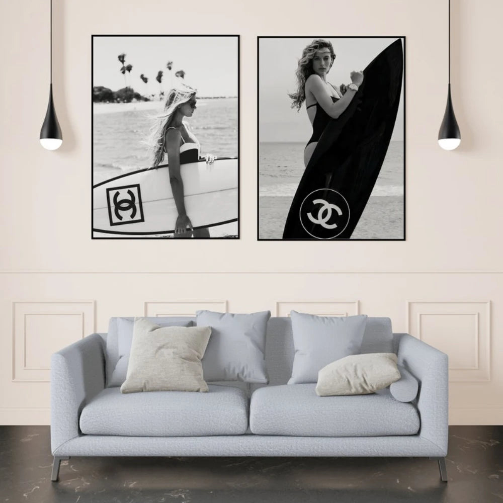 Black & White Surfboard Wall Art Poster