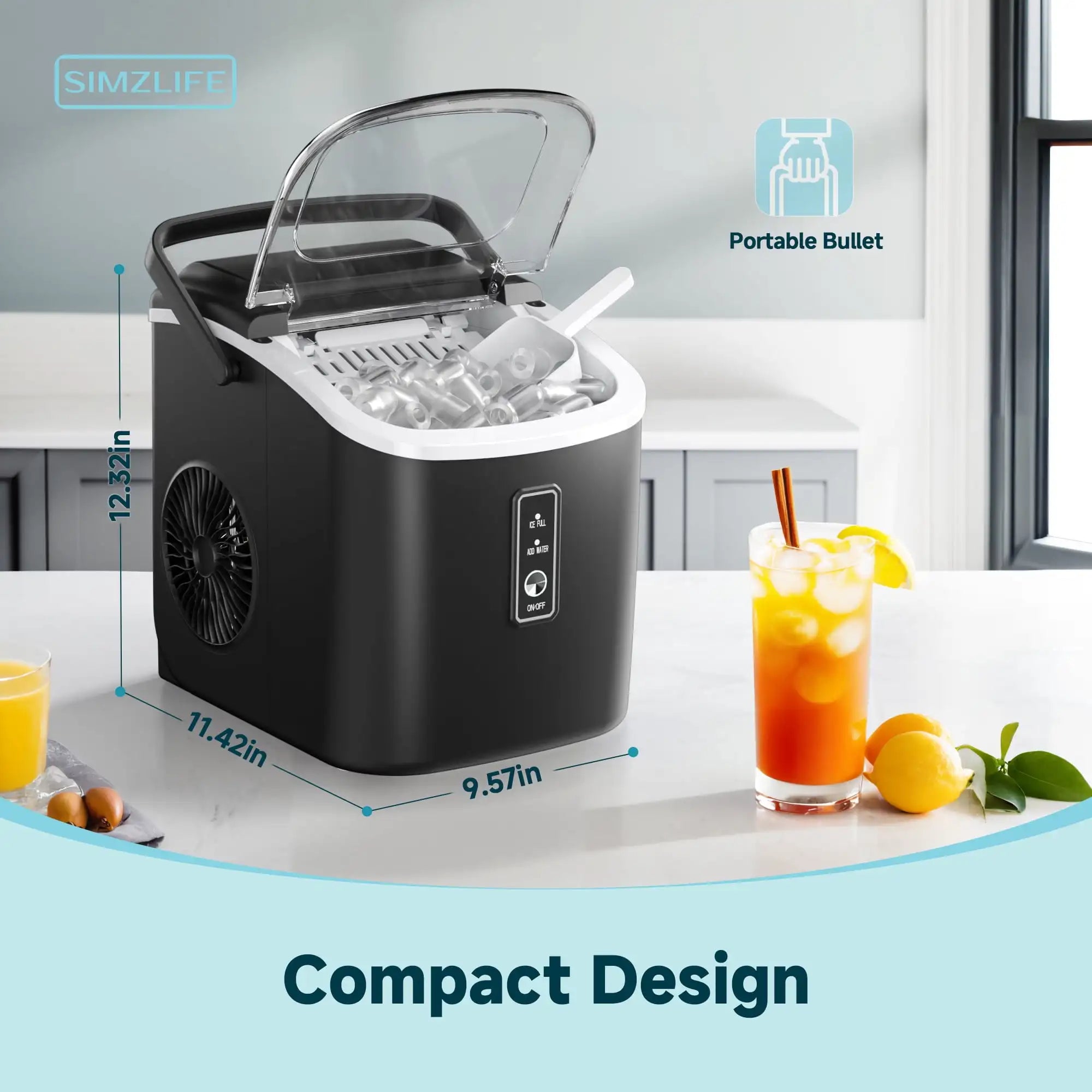 Simzlife Countertop Ice Maker with Handle – Portable Ice Machine with Basket & Scoop
