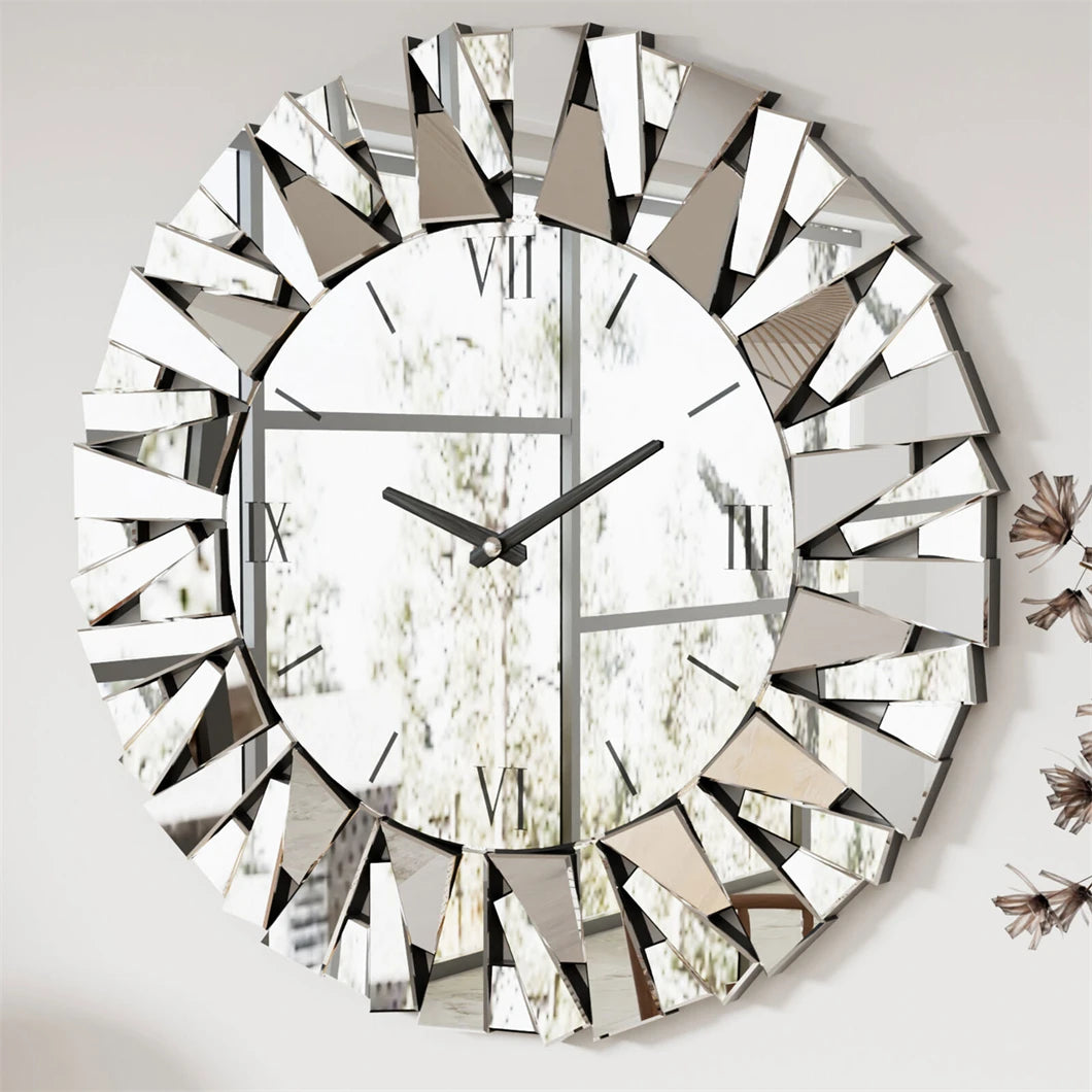 80cm Round 3D Mirrored Wall Clock – Roman Numerals, Modern Sunburst Design