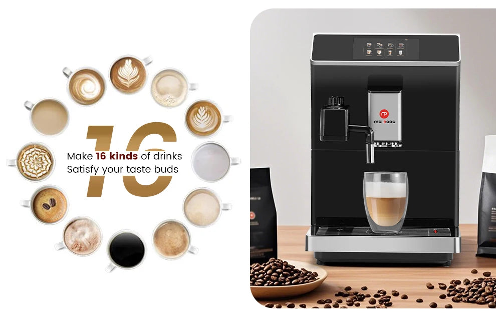 Mcilpoog WS203 Super Automatic Coffee Machine - 16 Flavor Cappuccino, Touchscreen, Milk Frother & Powder Hopper for Home Office