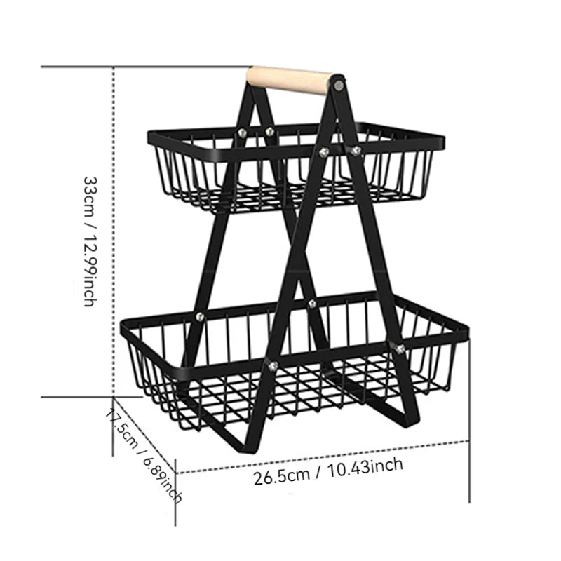 1pc Nordic Style Fruit & Snack Storage Basket – Wooden Handle, Double Deck Design