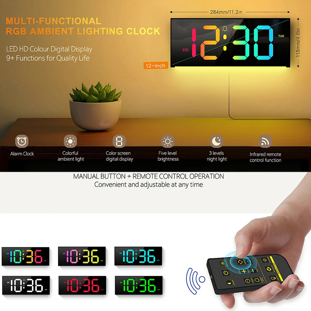 Digital LED Wall/Table Clock – Remote Control, Night Light & Mood Lighting