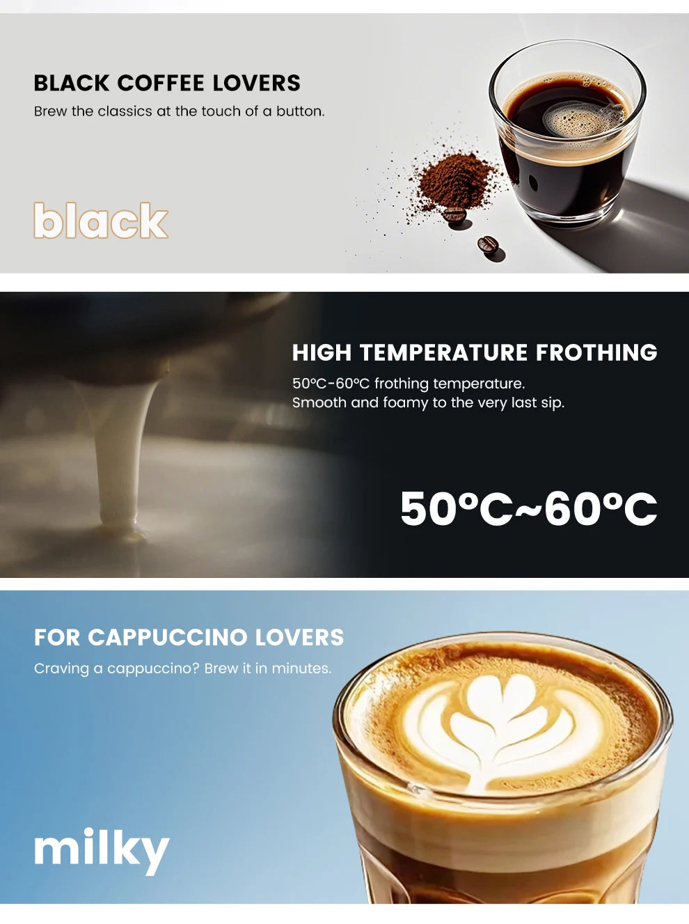 Mcilpoog WS203 Super Automatic Coffee Machine - 16 Flavor Cappuccino, Touchscreen, Milk Frother & Powder Hopper for Home Office