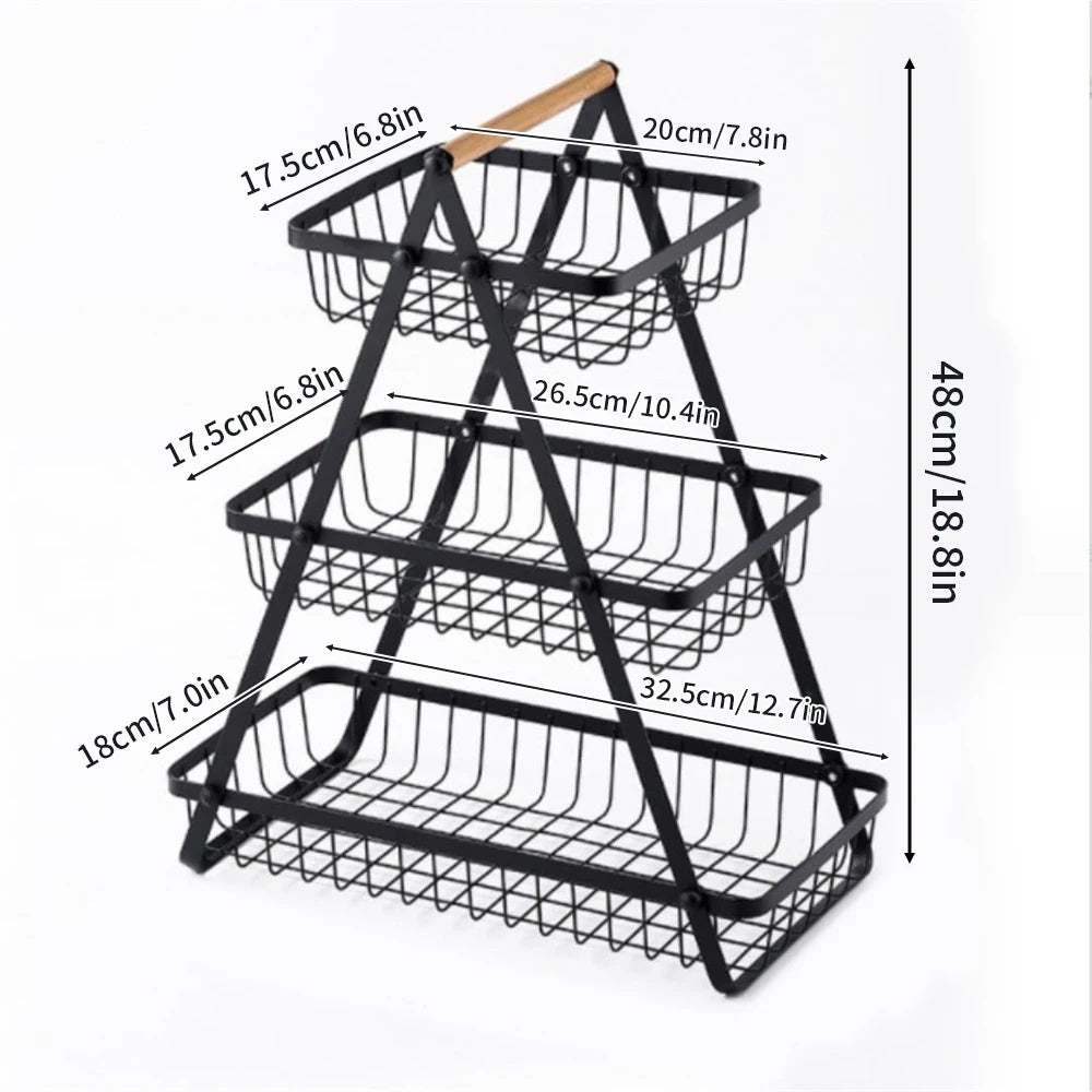 1pc Nordic Style Fruit & Snack Storage Basket – Wooden Handle, Double Deck Design