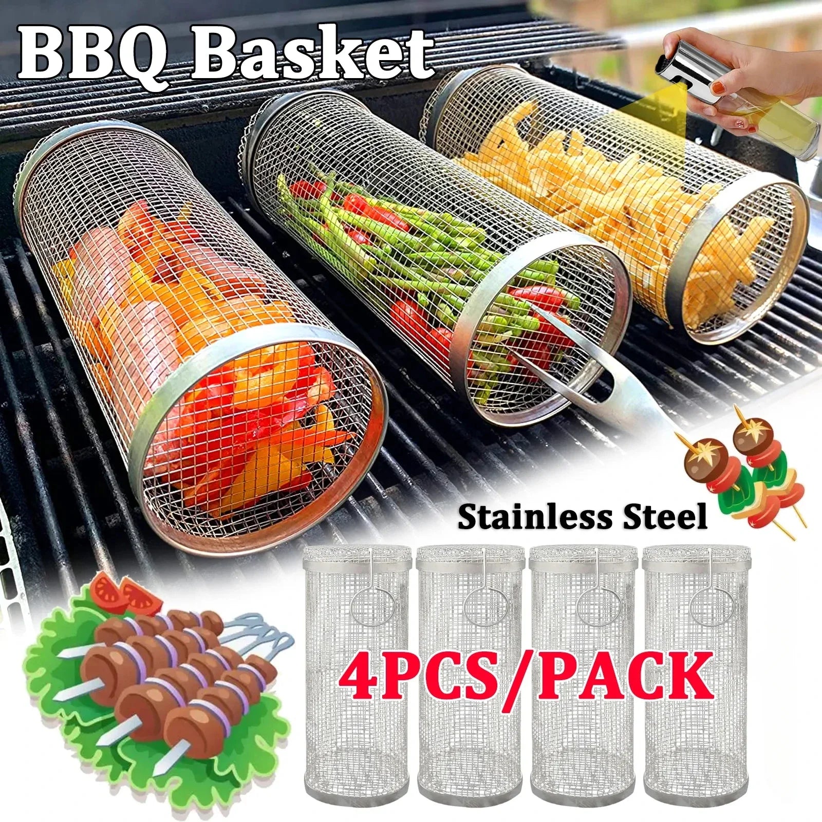 Outdoor Barbecue Grill Grate – Rolling Grill Basket for Camping & Picnic