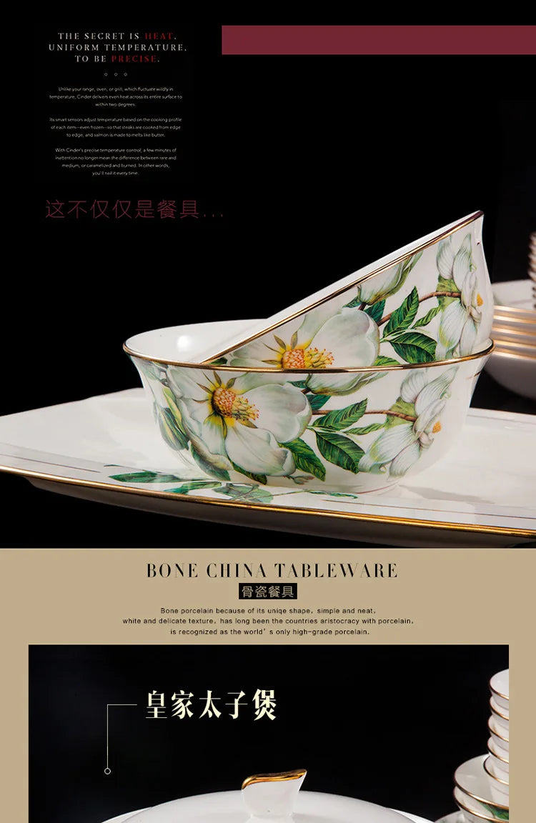 Fine Floral China Dinnerware Set – Porcelain Plates & Bowls, 28/60 Pcs Full Set