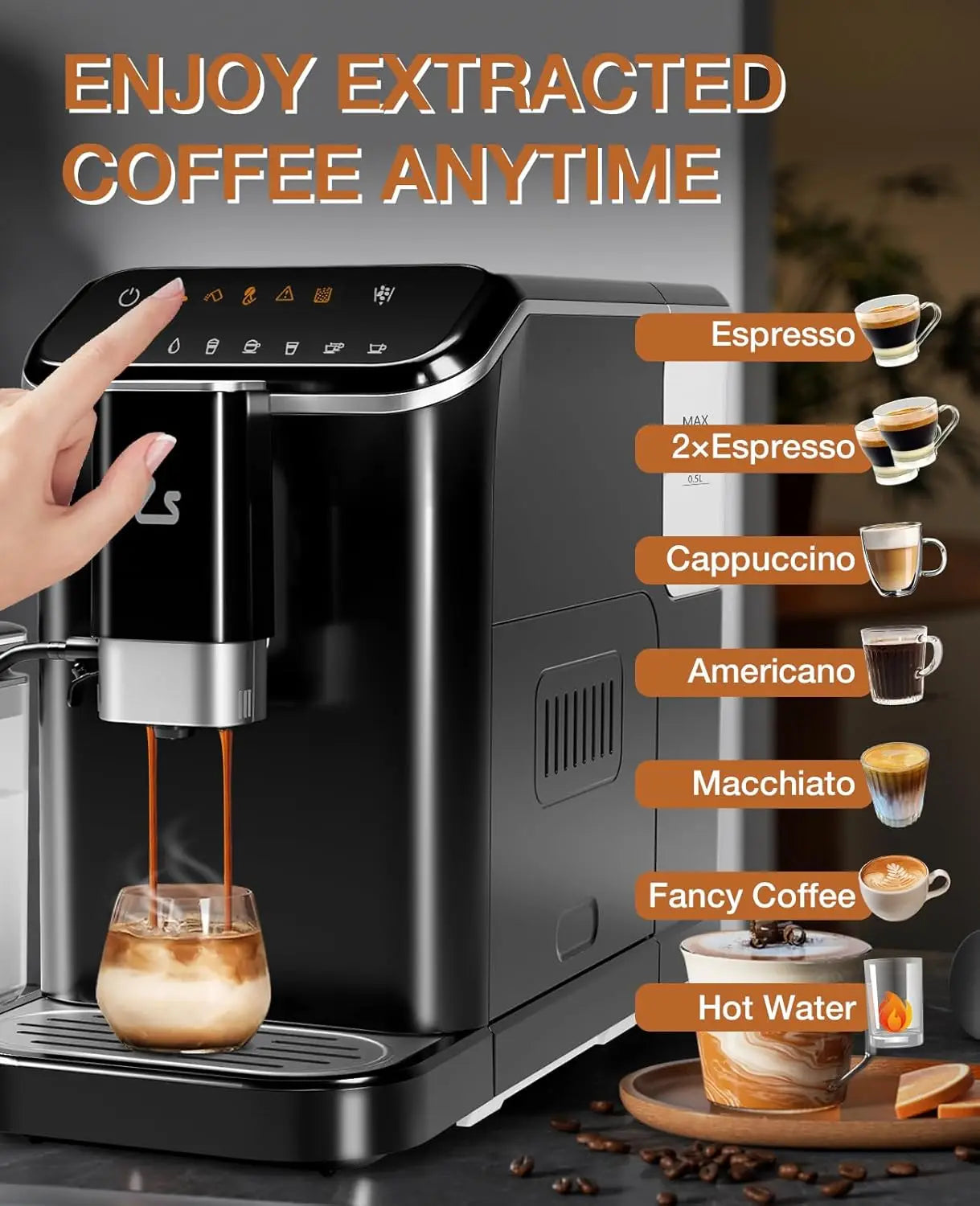 Fully Automatic Espresso Machine with Milk Frother Steam Wand Built-in Grinder Touch Screen Coffee Maker 7 Coffee Varieties