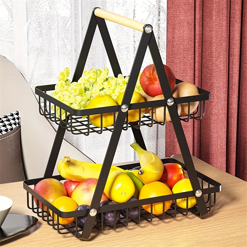 1pc Nordic Style Fruit & Snack Storage Basket – Wooden Handle, Double Deck Design