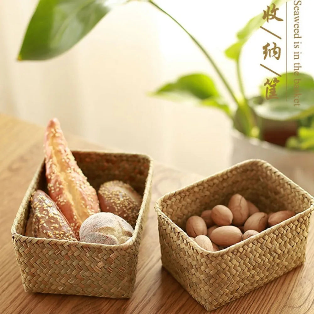 Natural Woven Seagrass Basket – Straw Rattan Organizer for Fruit, Picnic & Home Storage