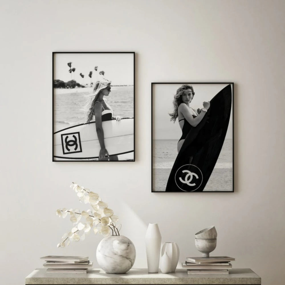 Black & White Surfboard Wall Art Poster