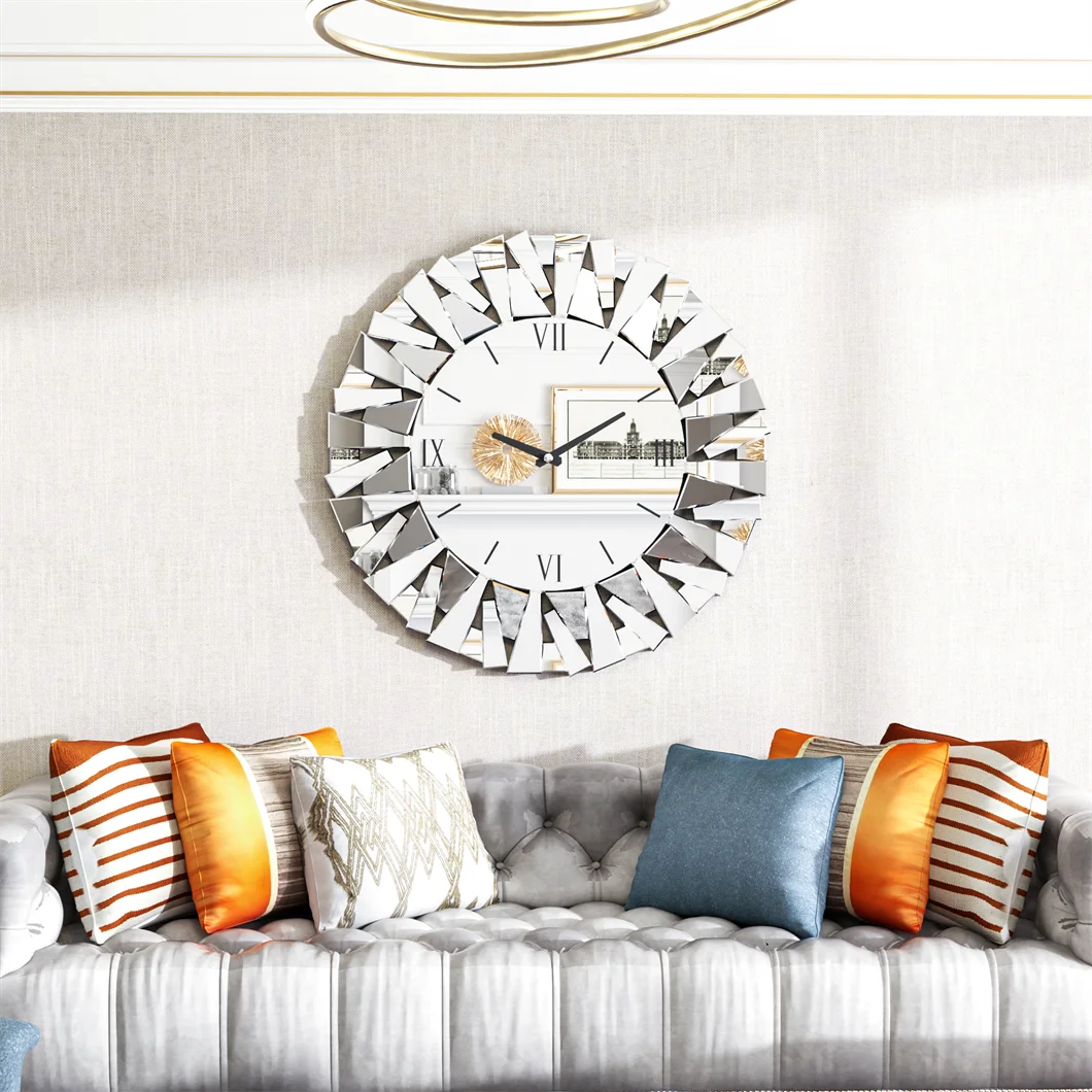 80cm Round 3D Mirrored Wall Clock – Roman Numerals, Modern Sunburst Design