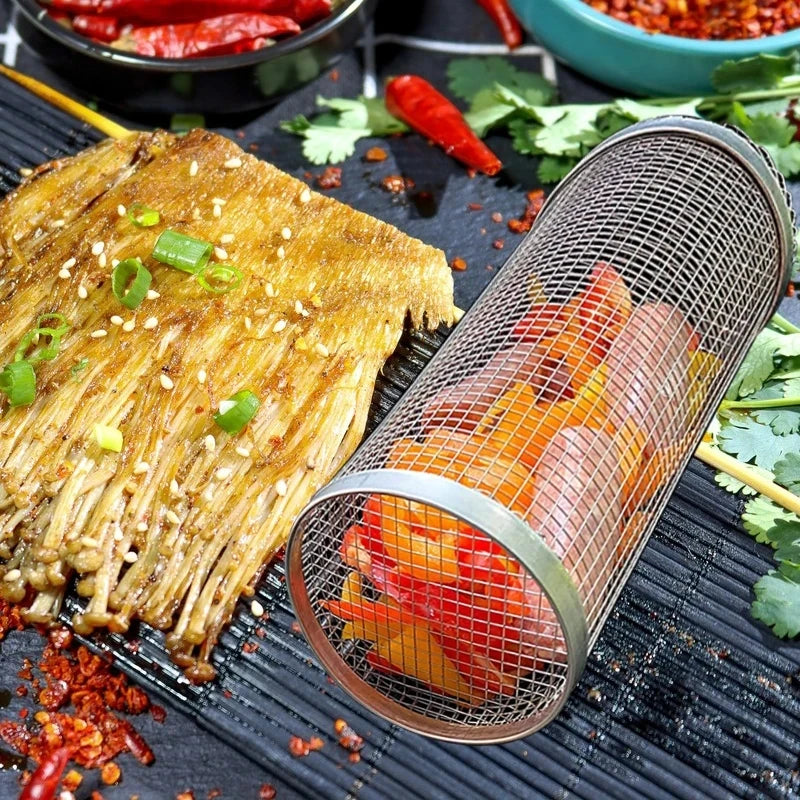 Outdoor Barbecue Grill Grate – Rolling Grill Basket for Camping & Picnic
