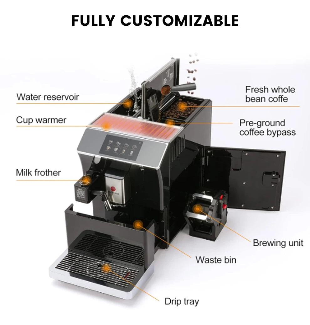 Mcilpoog WS203 Super Automatic Coffee Machine - 16 Flavor Cappuccino, Touchscreen, Milk Frother & Powder Hopper for Home Office