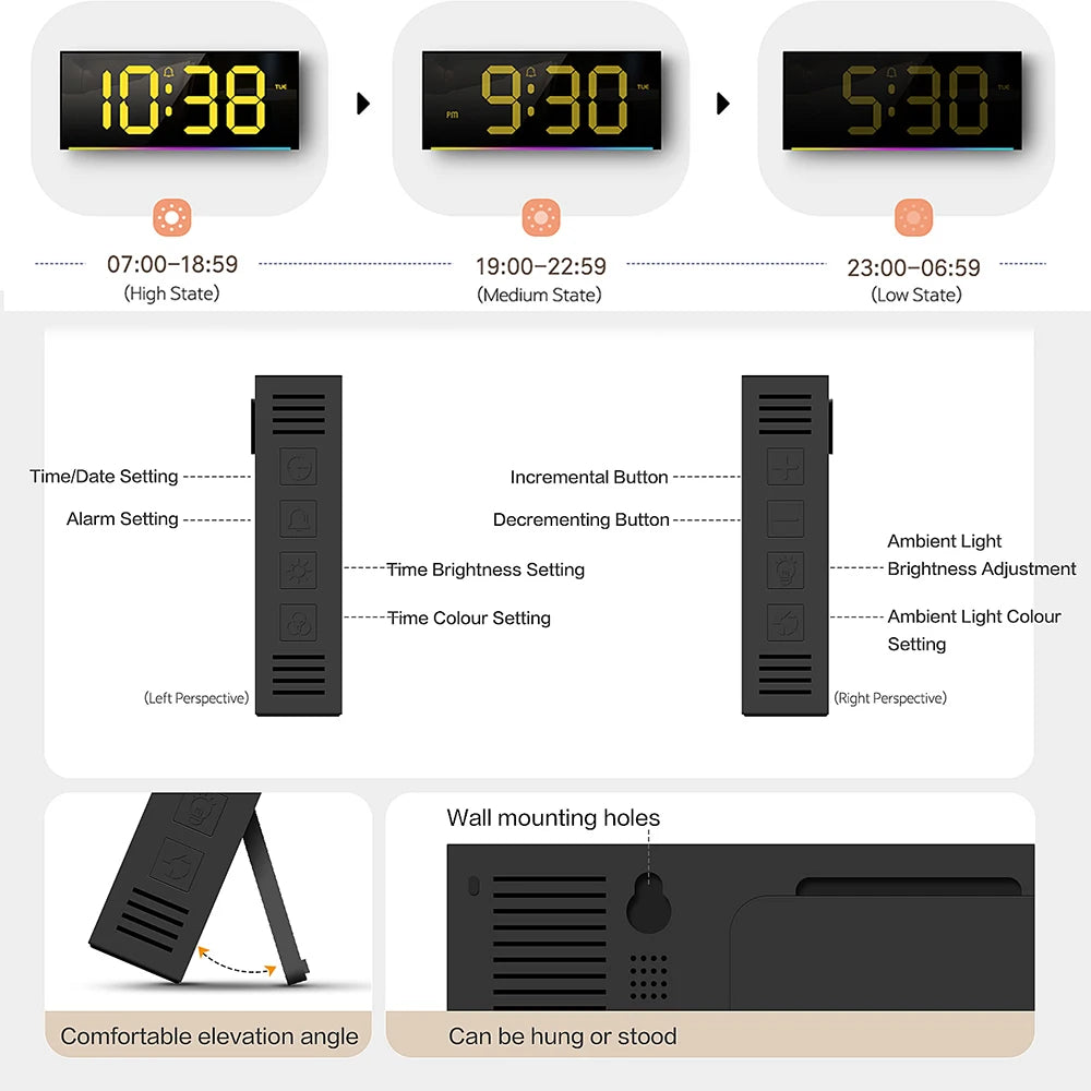 Digital LED Wall/Table Clock – Remote Control, Night Light & Mood Lighting