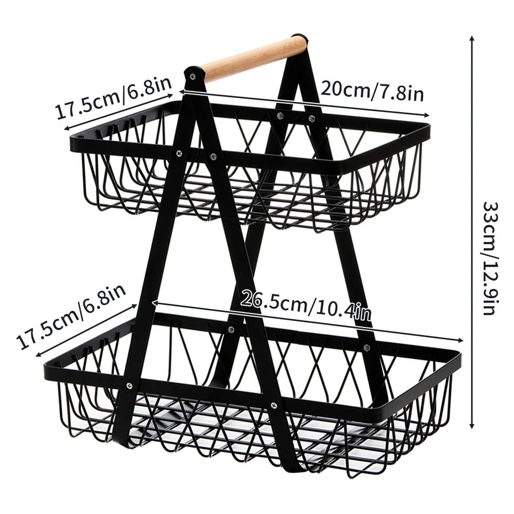 1pc Nordic Style Fruit & Snack Storage Basket – Wooden Handle, Double Deck Design