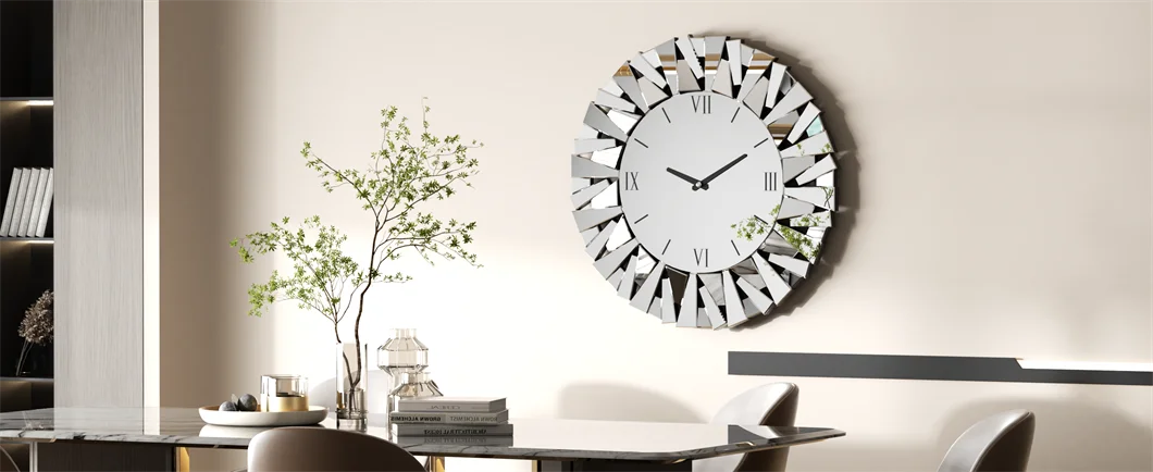 80cm Round 3D Mirrored Wall Clock – Roman Numerals, Modern Sunburst Design