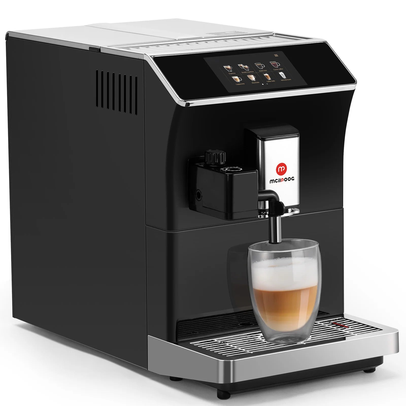 Mcilpoog WS203 Super Automatic Coffee Machine - 16 Flavor Cappuccino, Touchscreen, Milk Frother & Powder Hopper for Home Office