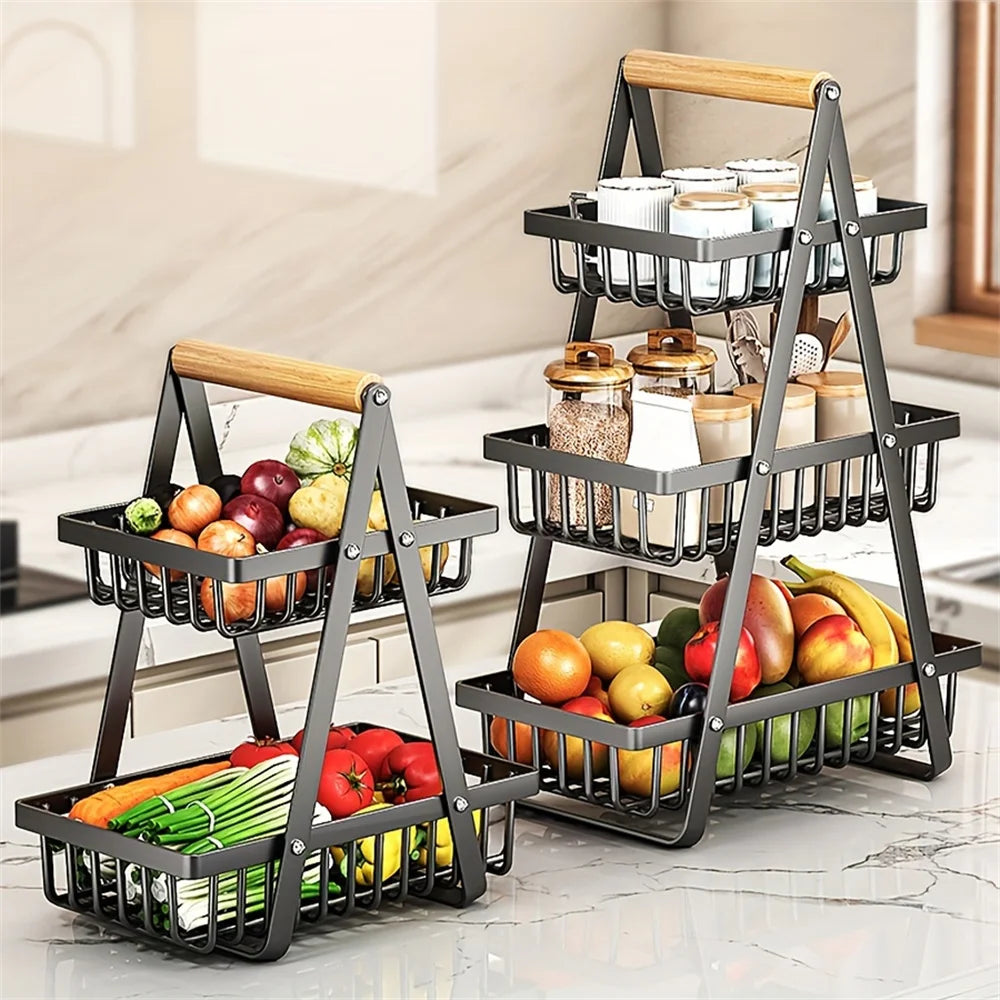 1pc Nordic Style Fruit & Snack Storage Basket – Wooden Handle, Double Deck Design