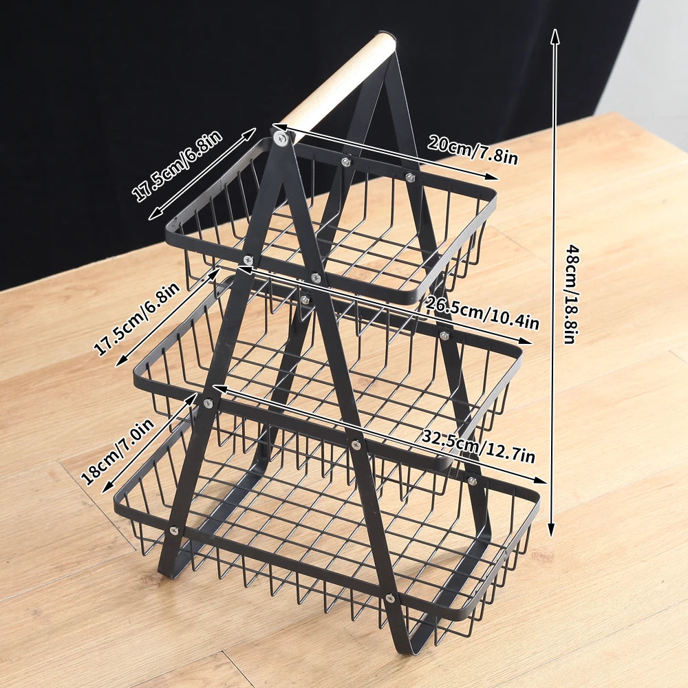 1pc Nordic Style Fruit & Snack Storage Basket – Wooden Handle, Double Deck Design