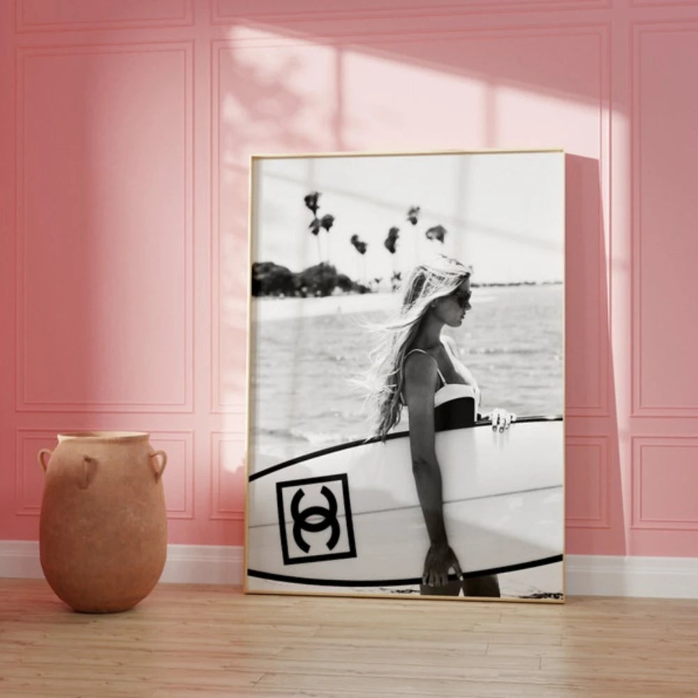 Black & White Surfboard Wall Art Poster