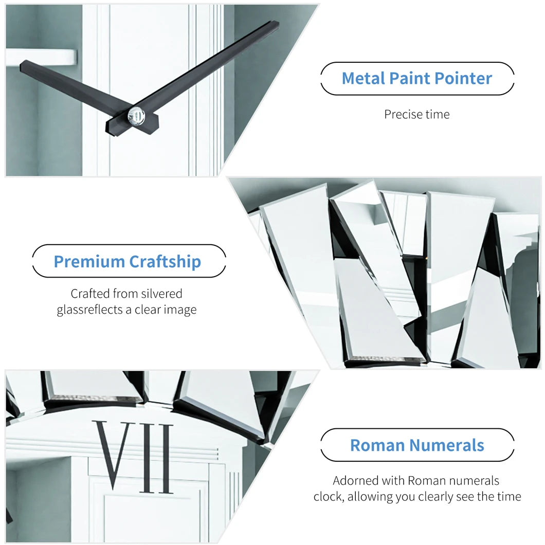 80cm Round 3D Mirrored Wall Clock – Roman Numerals, Modern Sunburst Design