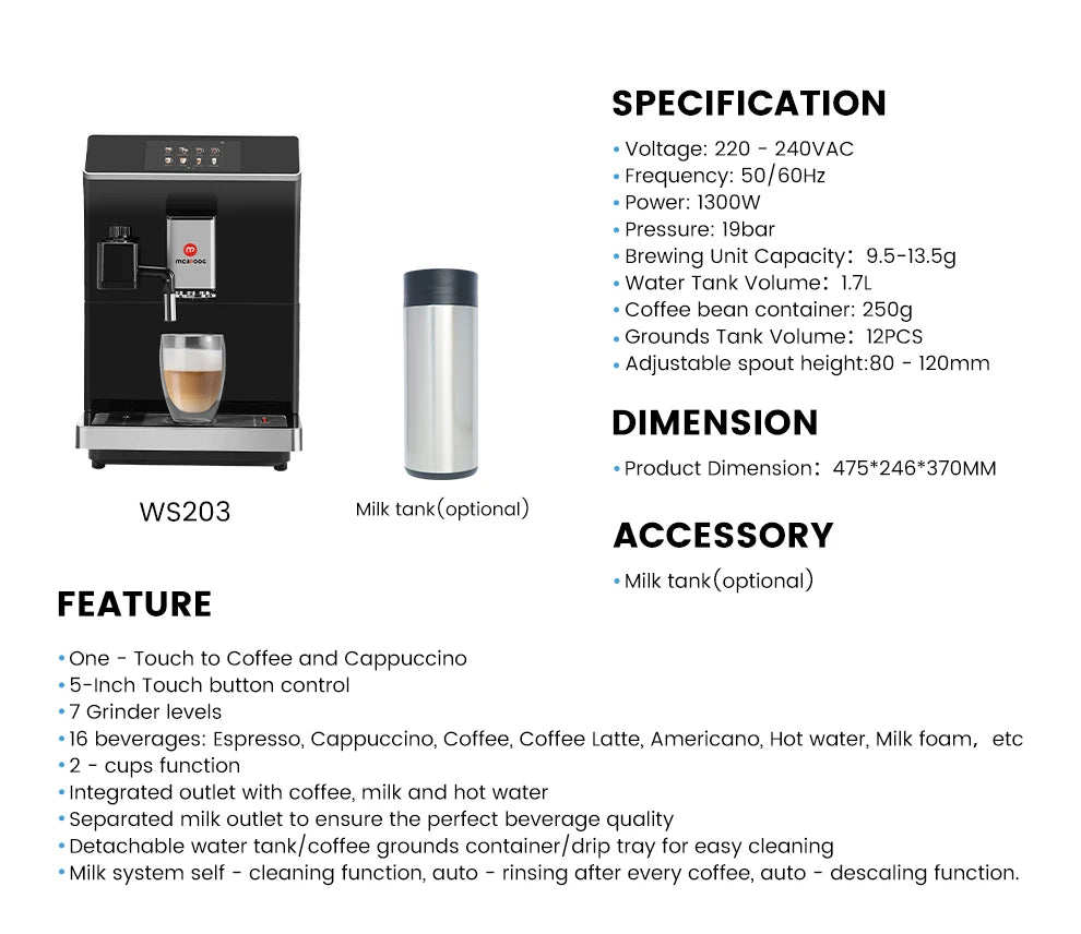 Mcilpoog WS203 Super Automatic Coffee Machine - 16 Flavor Cappuccino, Touchscreen, Milk Frother & Powder Hopper for Home Office