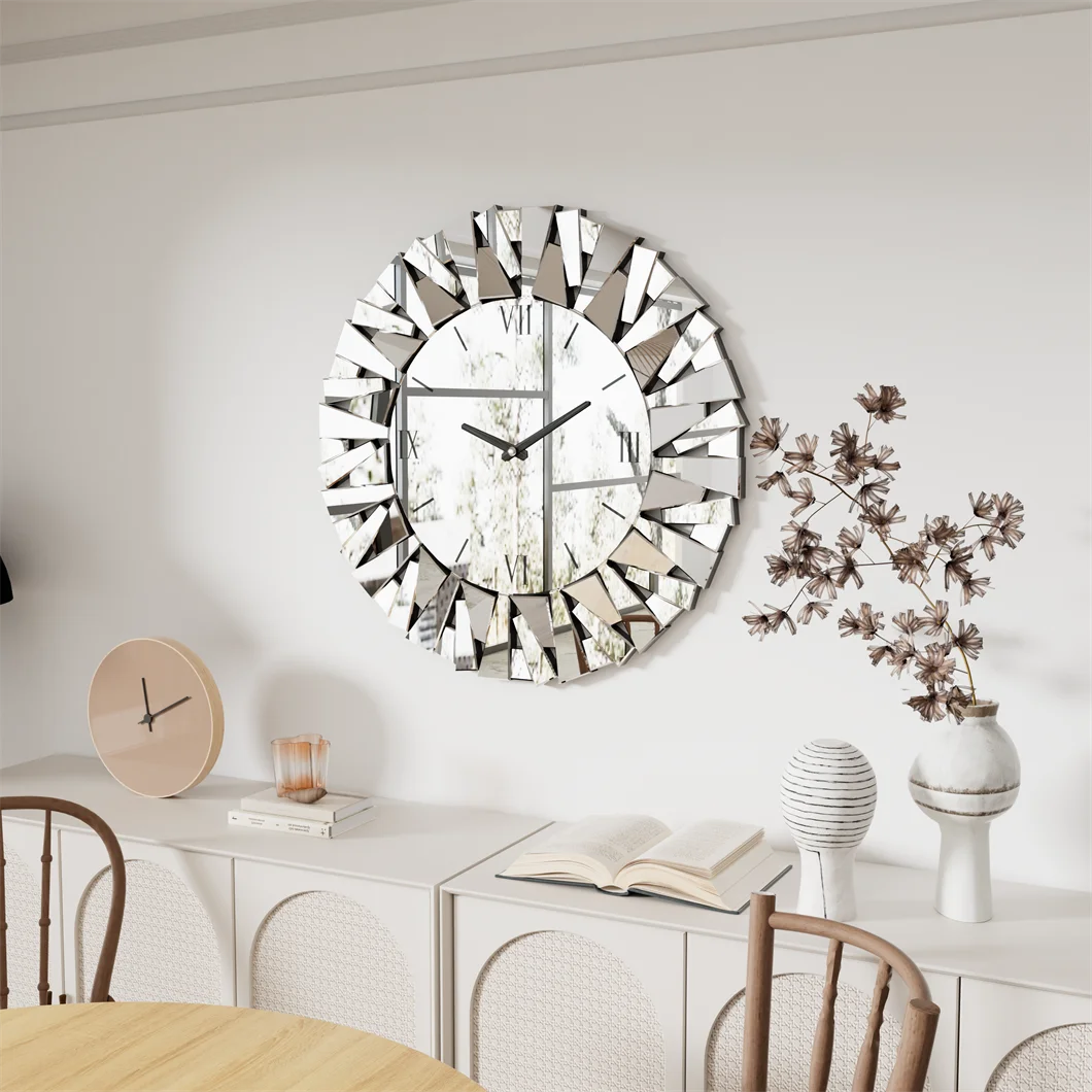 80cm Round 3D Mirrored Wall Clock – Roman Numerals, Modern Sunburst Design