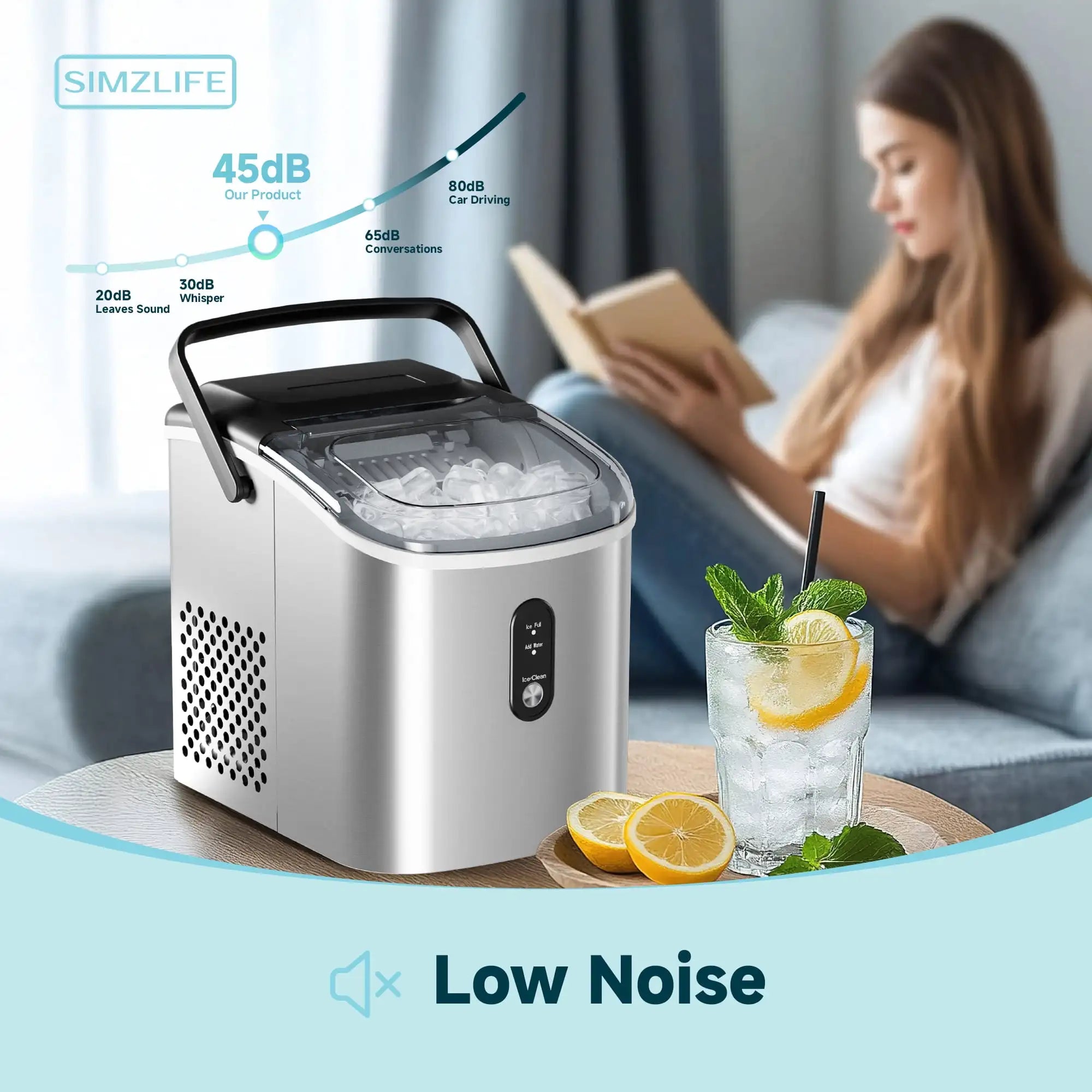 Simzlife Countertop Ice Maker with Handle – Portable Ice Machine with Basket & Scoop