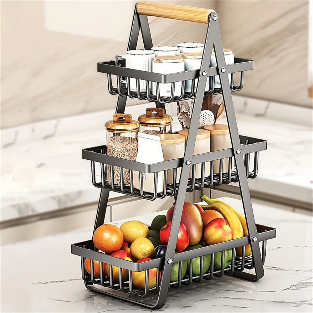 1pc Nordic Style Fruit & Snack Storage Basket – Wooden Handle, Double Deck Design