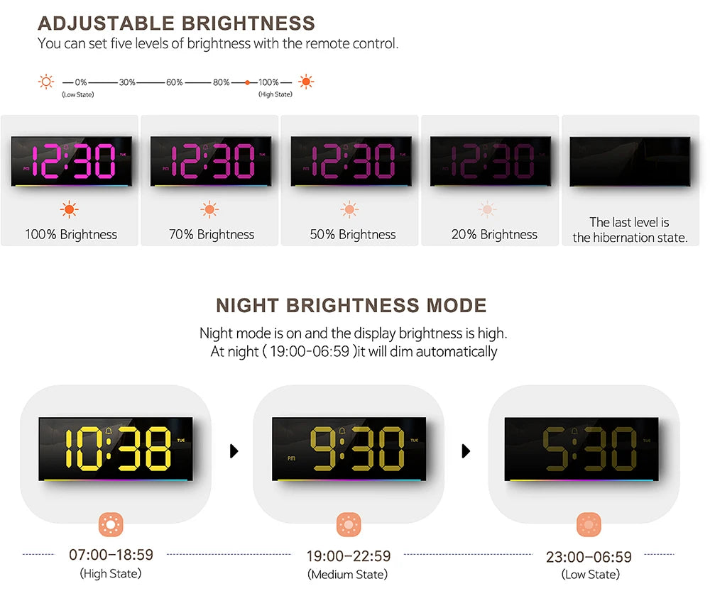 Digital LED Wall/Table Clock – Remote Control, Night Light & Mood Lighting