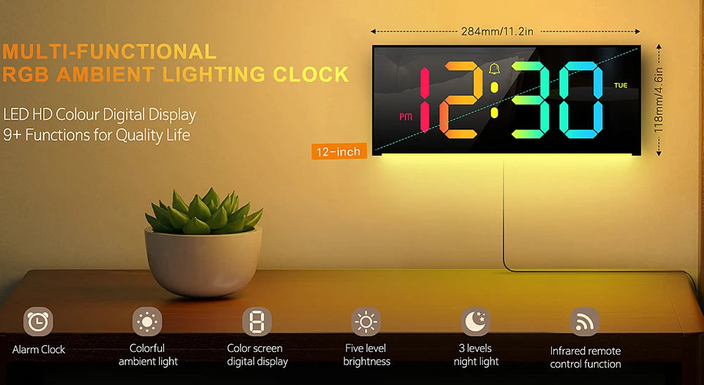 Digital LED Wall/Table Clock – Remote Control, Night Light & Mood Lighting