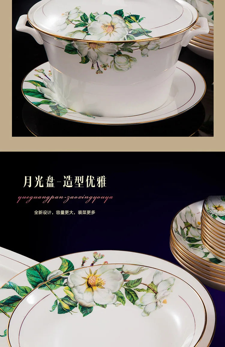 Fine Floral China Dinnerware Set – Porcelain Plates & Bowls, 28/60 Pcs Full Set