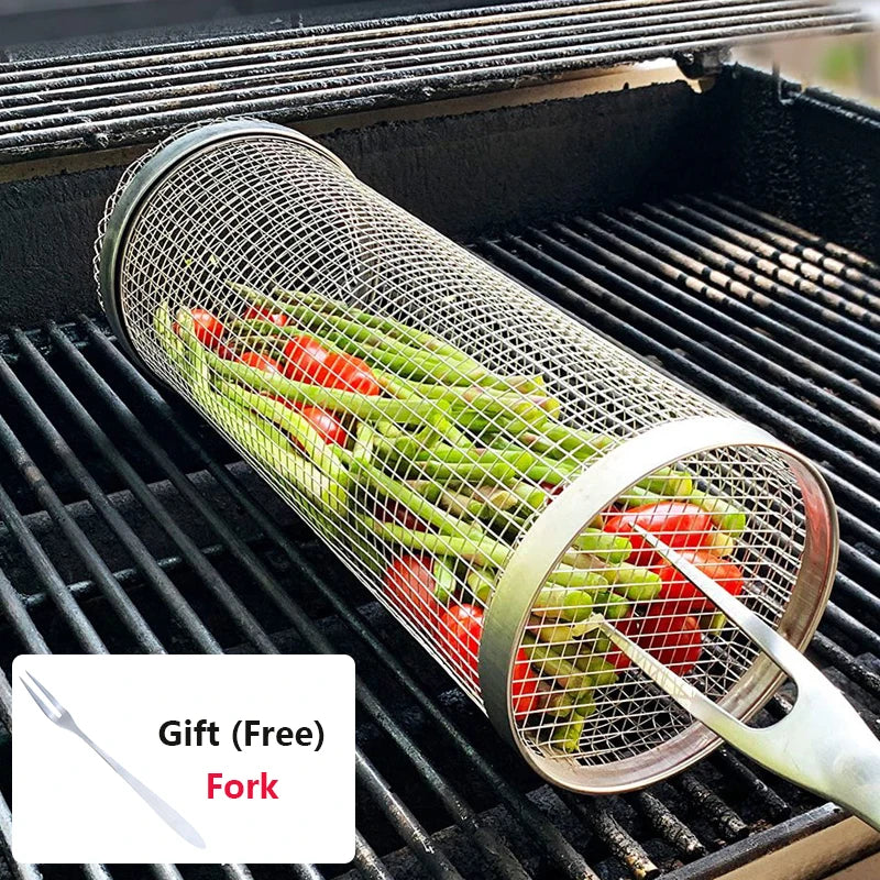 Outdoor Barbecue Grill Grate – Rolling Grill Basket for Camping & Picnic