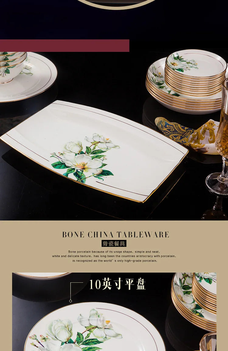 Fine Floral China Dinnerware Set – Porcelain Plates & Bowls, 28/60 Pcs Full Set