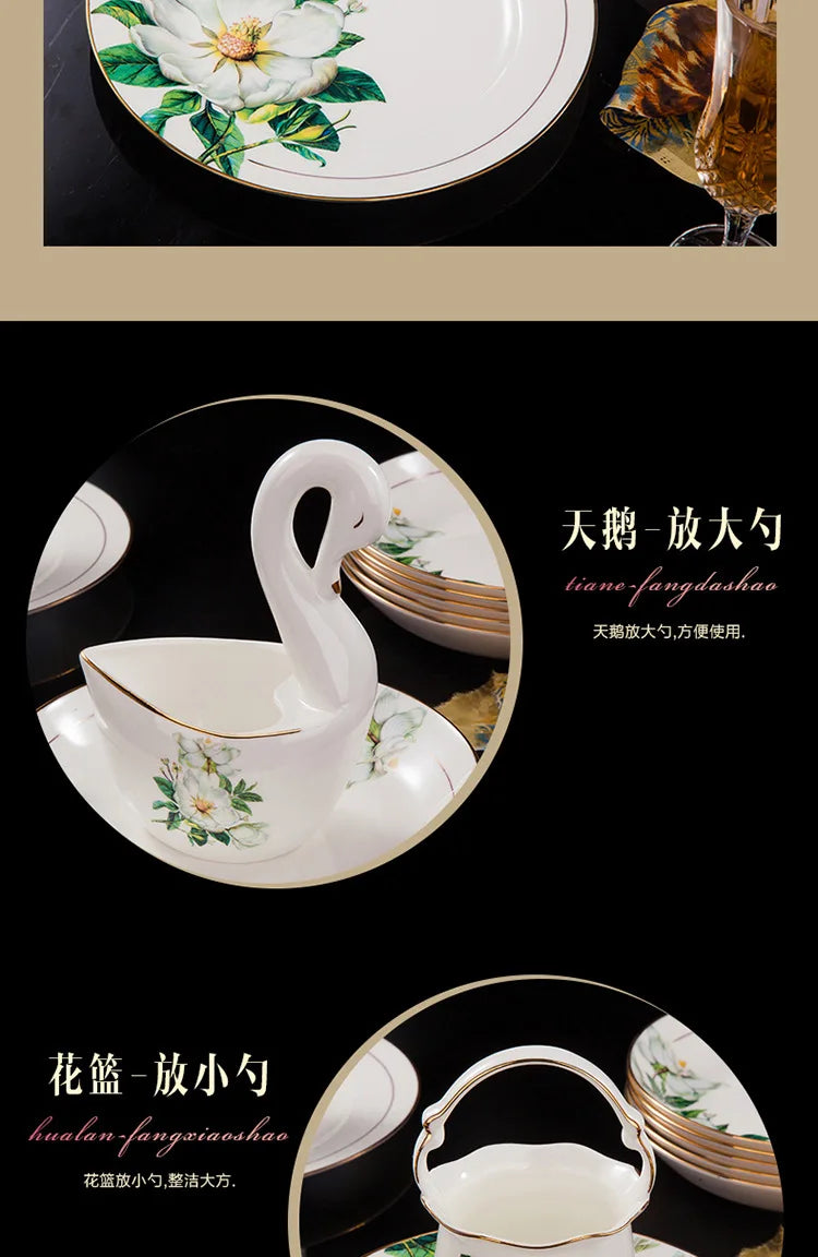 Fine Floral China Dinnerware Set – Porcelain Plates & Bowls, 28/60 Pcs Full Set