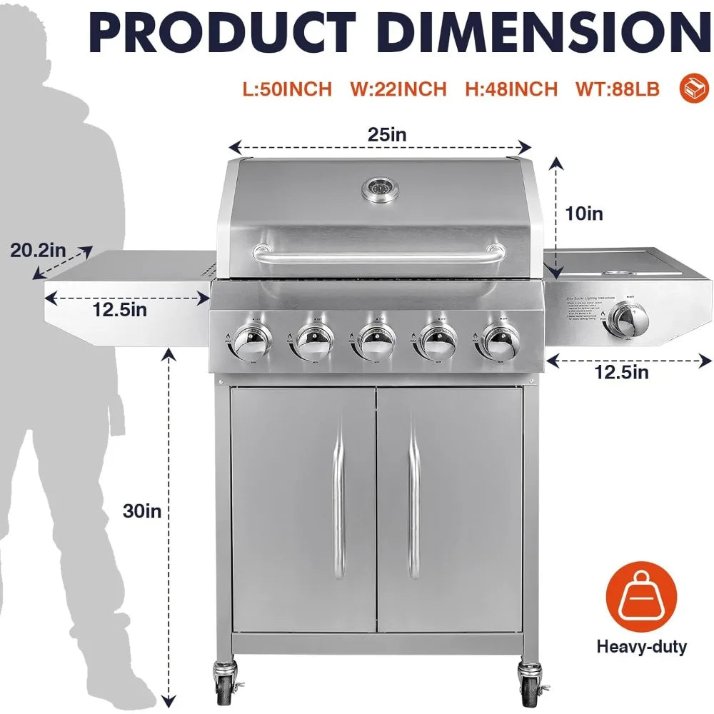 Llamaviva Propane Gas Grill – 5 Burners with Side Burner or 6 Burners, Stainless Steel BBQ Grill