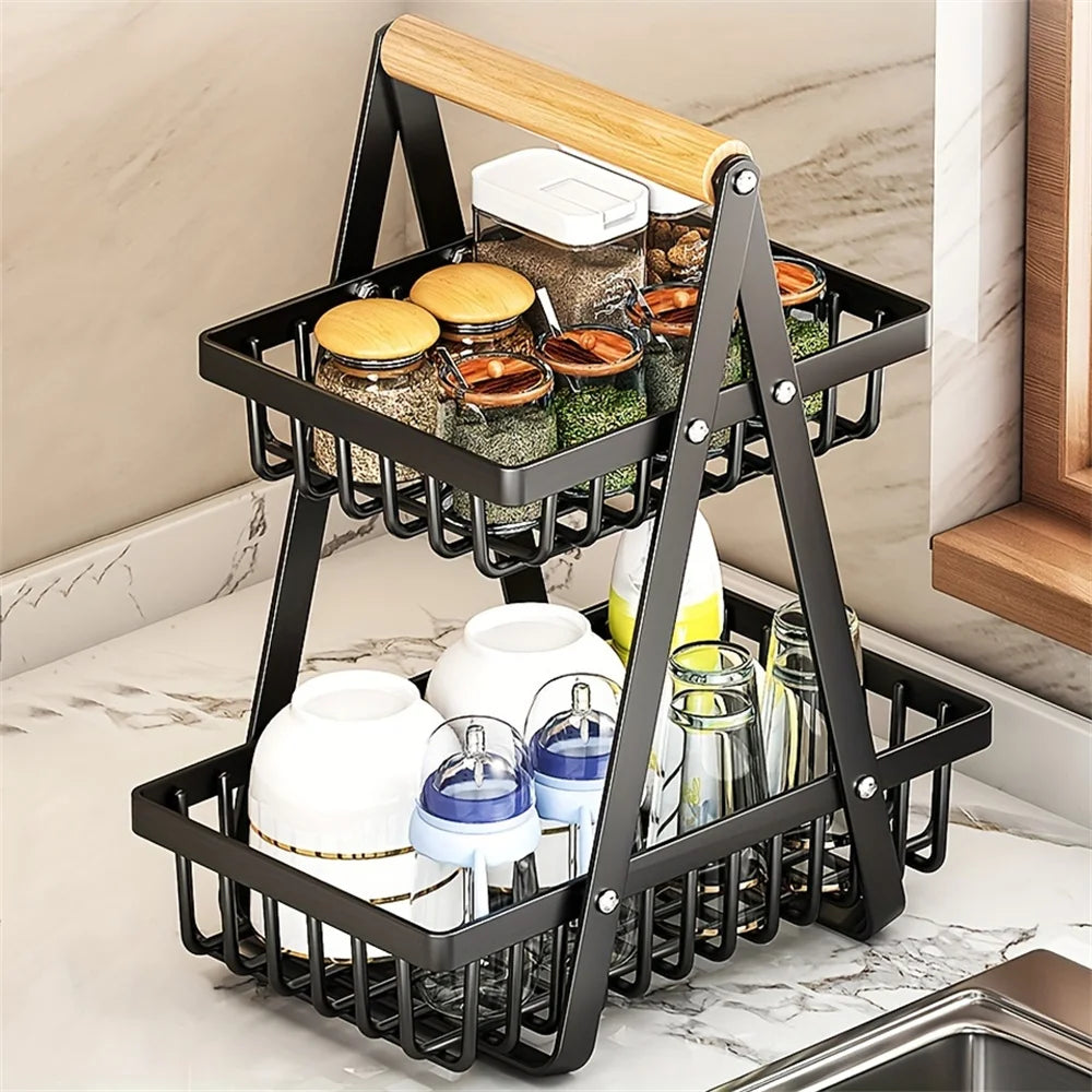 1pc Nordic Style Fruit & Snack Storage Basket – Wooden Handle, Double Deck Design