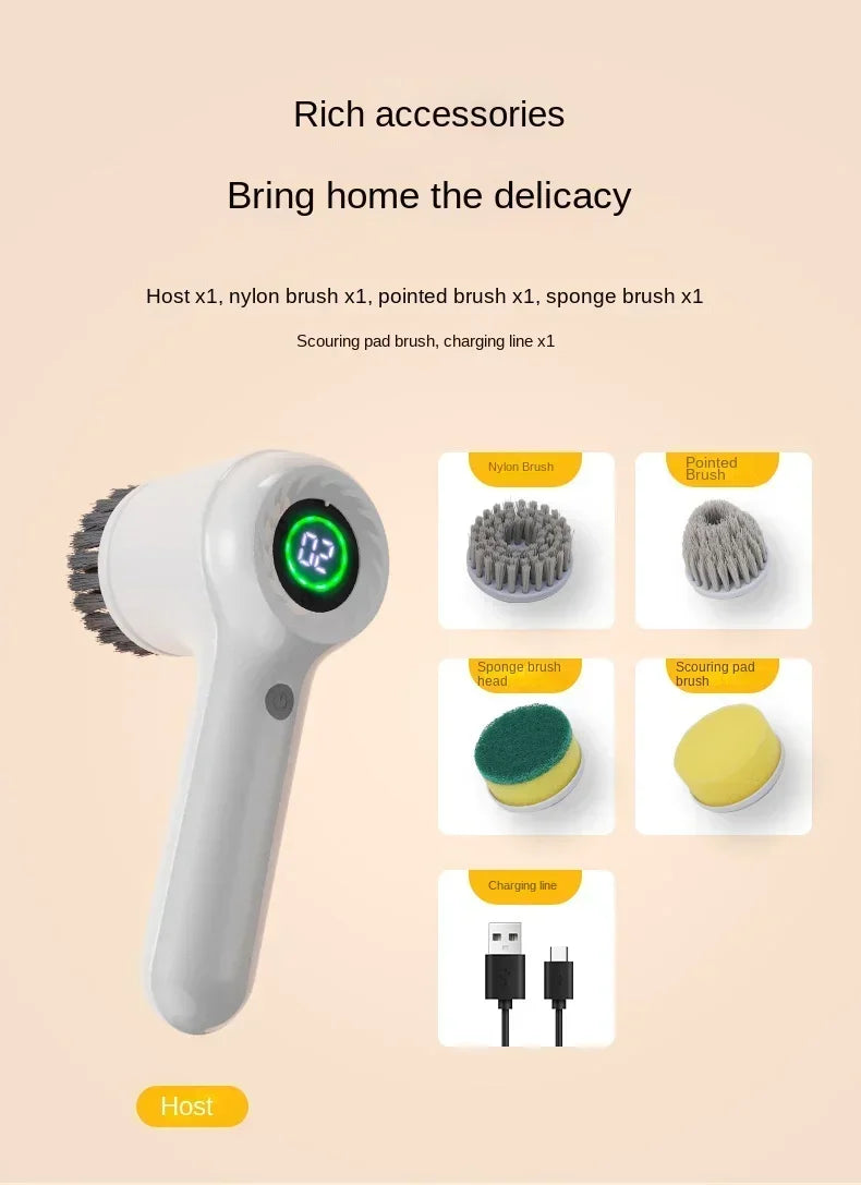 Electric Handheld Rotating Cleaning Brush – 5 Replaceable Heads for Kitchen, Shoes & Gaps