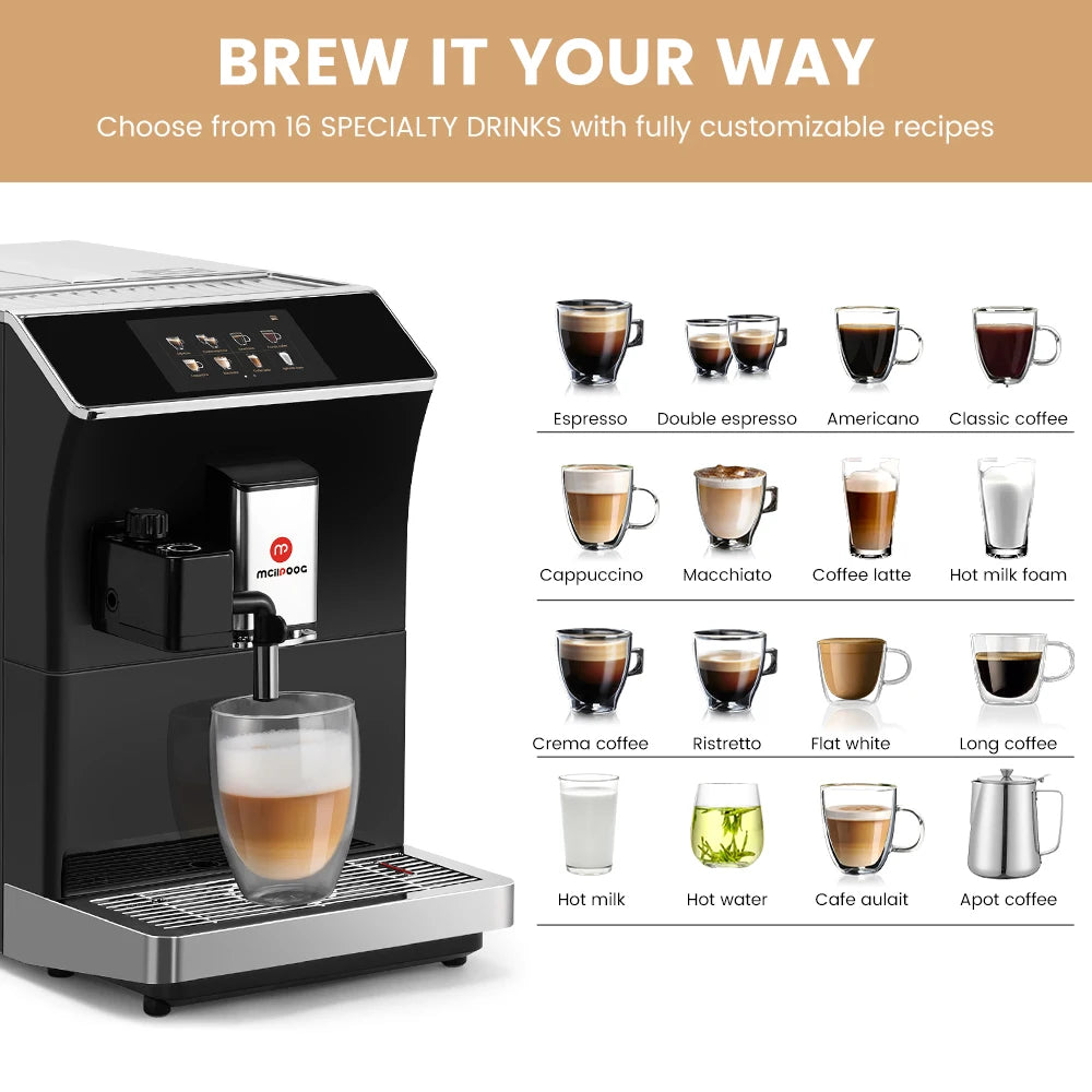 Mcilpoog WS203 Super Automatic Coffee Machine - 16 Flavor Cappuccino, Touchscreen, Milk Frother & Powder Hopper for Home Office