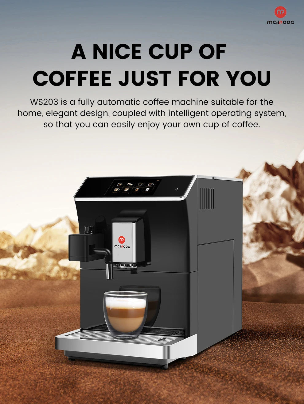 Mcilpoog WS203 Super Automatic Coffee Machine - 16 Flavor Cappuccino, Touchscreen, Milk Frother & Powder Hopper for Home Office