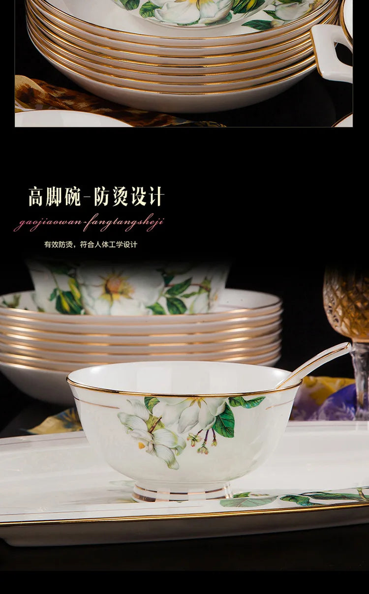 Fine Floral China Dinnerware Set – Porcelain Plates & Bowls, 28/60 Pcs Full Set