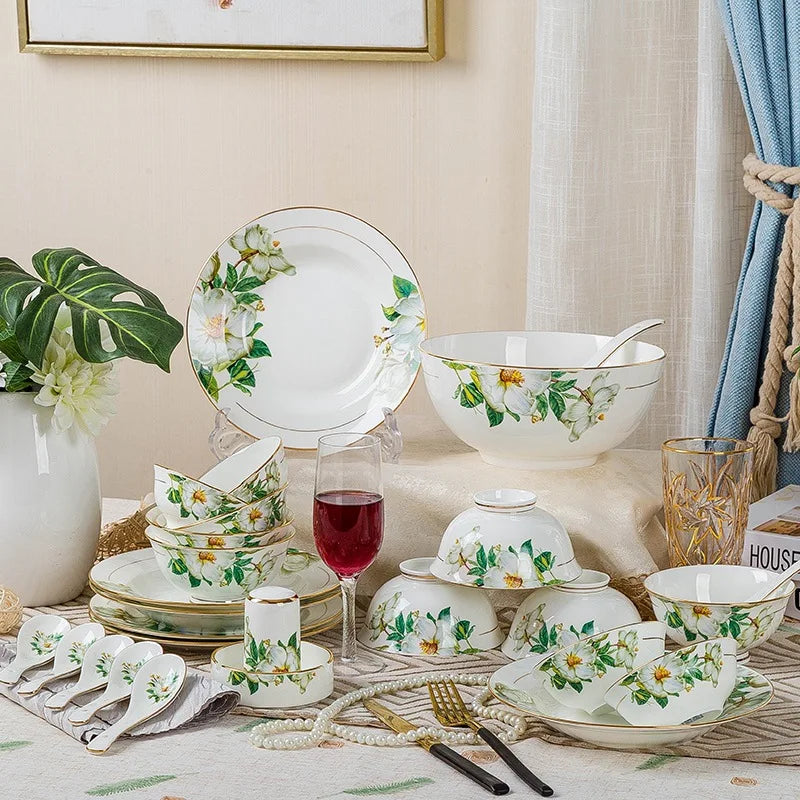 Fine Floral China Dinnerware Set – Porcelain Plates & Bowls, 28/60 Pcs Full Set